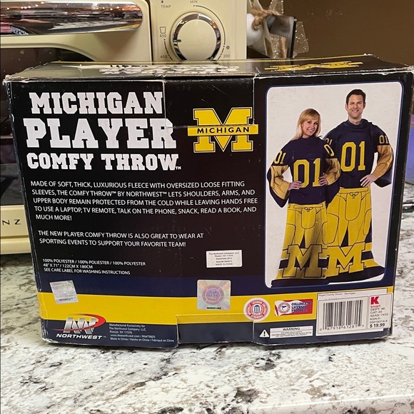 Michigan Blue and Yellow Football Jersey Blanket with sleeves - Picture 4 of 7
